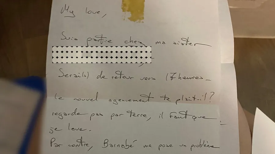 Handwritten 'My love' note left before going out