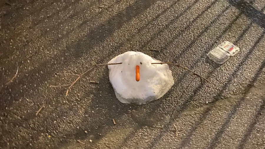 Snowman shrunk to a lump with carrot nose, railing shadows