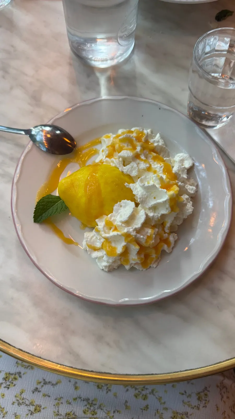 Mango and whipped cream dessert on a gold-rimmed plate