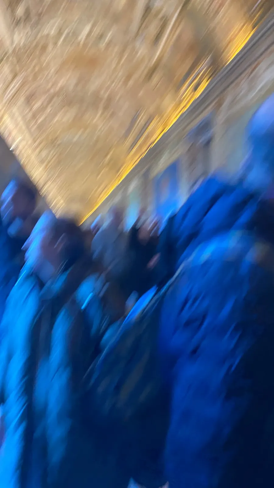 Museum crowd smeared in blue under a gold ceiling