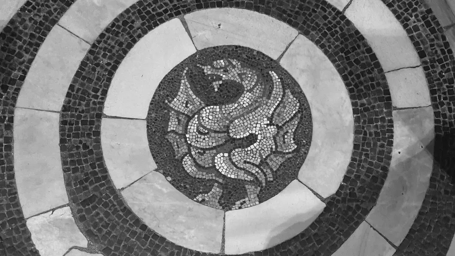 Mosaic sea serpent inside a black-and-white floor roundel