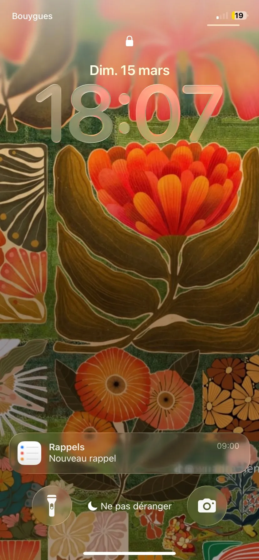 Phone lock screen with bold floral wallpaper, 18:07
