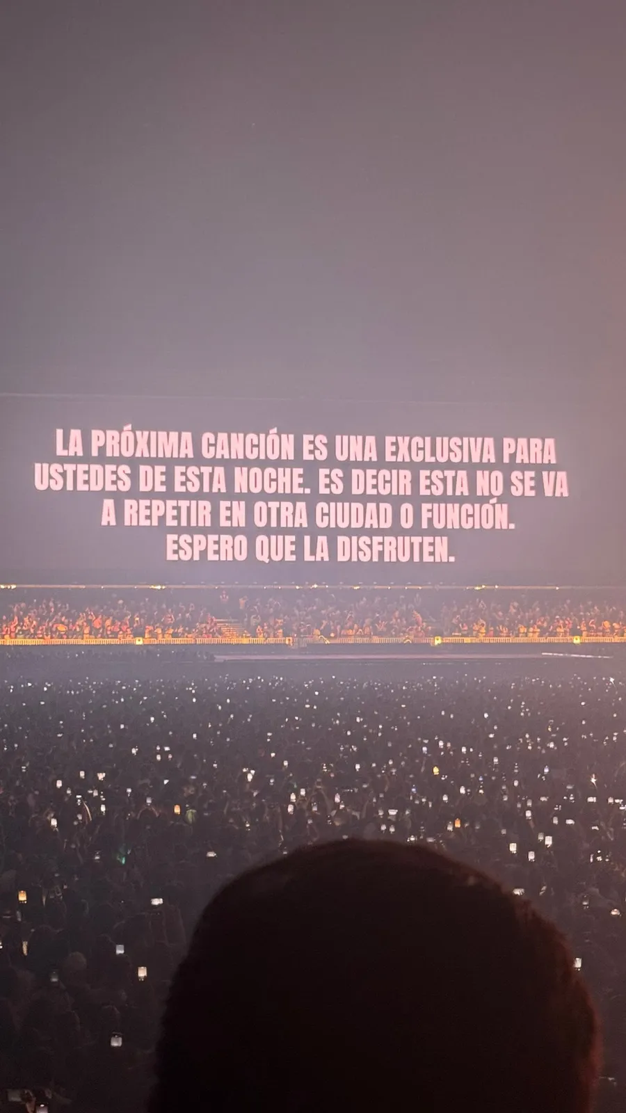 Screen text in the dark stadium: an exclusive song tonight