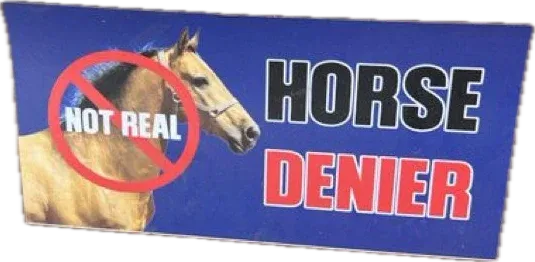 Bumper sticker: HORSE DENIER, NOT REAL