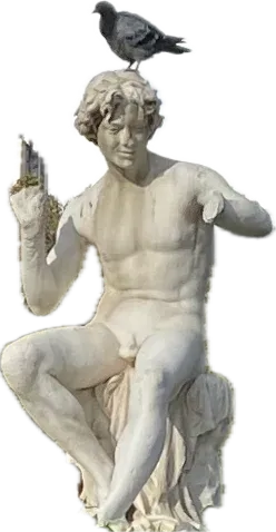 White marble statue with a pigeon standing on its head