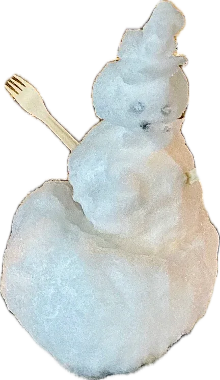 A small snowman with a wooden fork for an arm