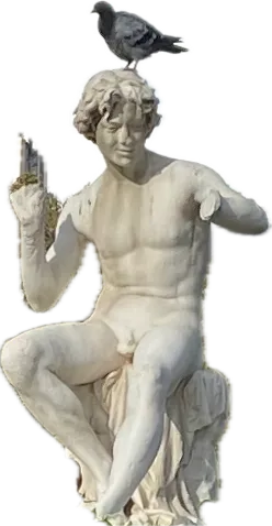 A marble statue with a pigeon on its head